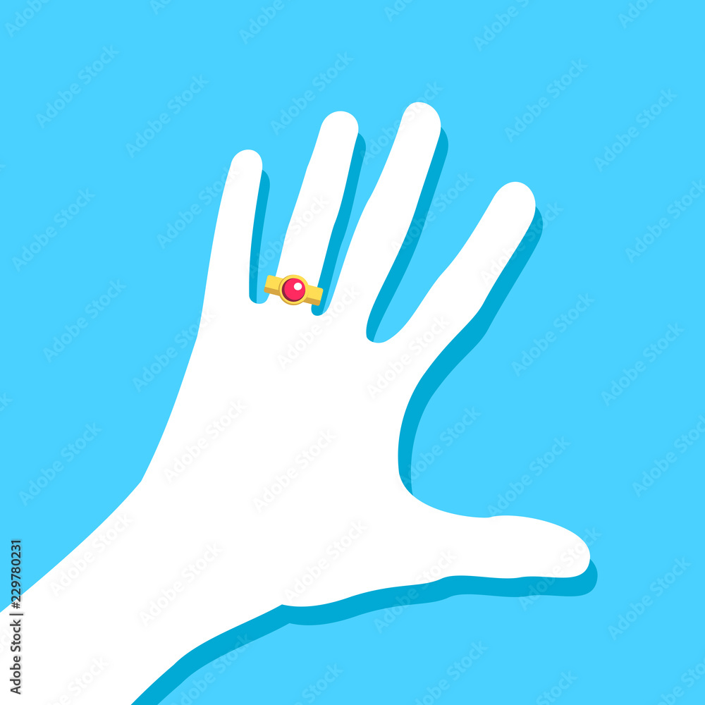 Obraz premium Hand is wearing engagement / wedding ring with red precious stone. Preson with jewelry. Vector illustration