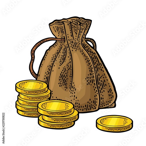 Old money bag with gold coins. Vintage color vector engraving