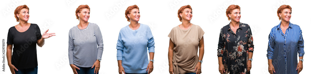 Collage of middle age senior woman over white isolated background looking away to side with smile on face, natural expression. Laughing confident. Collage of middle age senior woman over white isolated background looking away to side with smile on face, natural expression. Laughing confident.