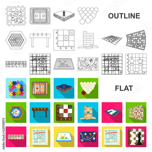 Board game flat icons in set collection for design. Game and entertainment vector symbol stock web illustration.