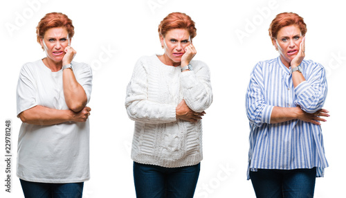 Collage of middle age senior woman over white isolated background looking stressed and nervous with hands on mouth biting nails. Anxiety problem.