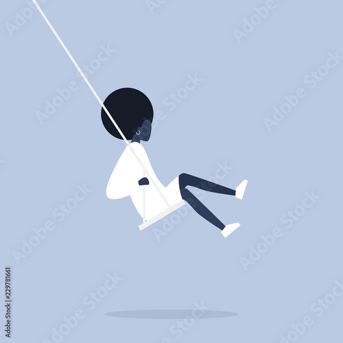 Young black female character sitting on a swing. Modern lifestyle. Having fun. Flat editable vector illustration, clip art