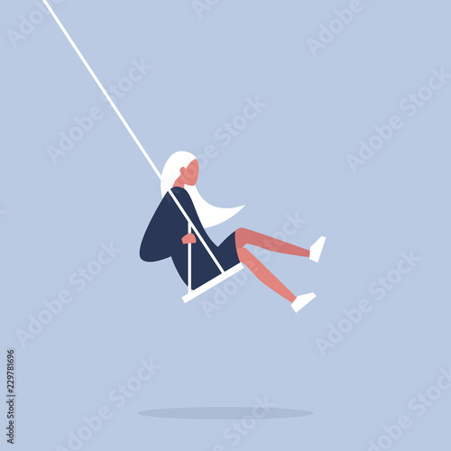 Young female character sitting on a swing. Modern lifestyle. Having fun. Flat editable vector illustration, clip art