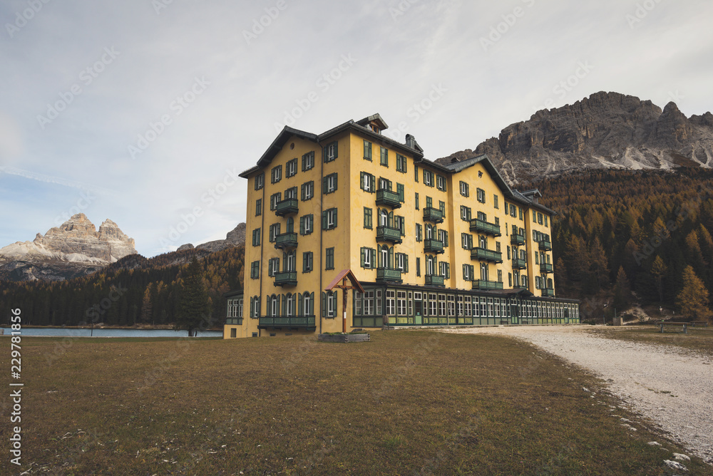 House at the alpine lake, Italy, lake Misurina, Dolomites