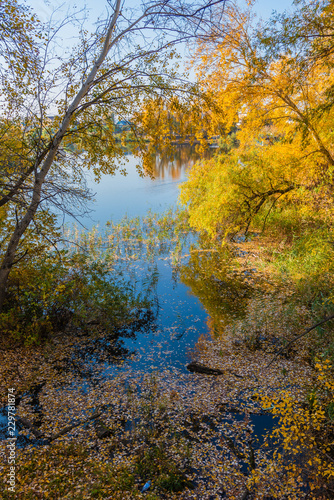 Autumn landscape - a lake and a village on the shore