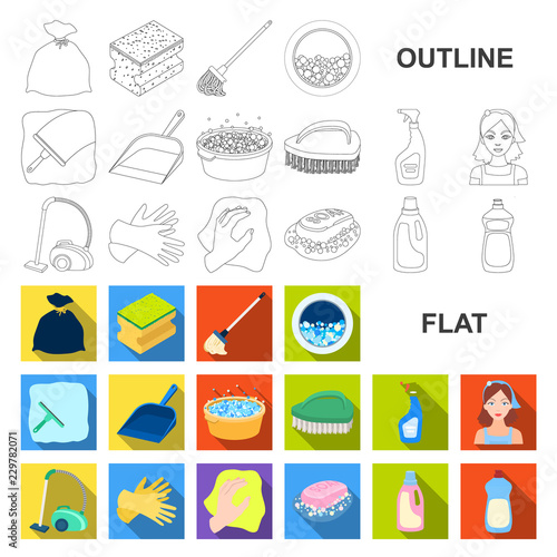 Cleaning and maid flat icons in set collection for design. Equipment for cleaning vector symbol stock web illustration.