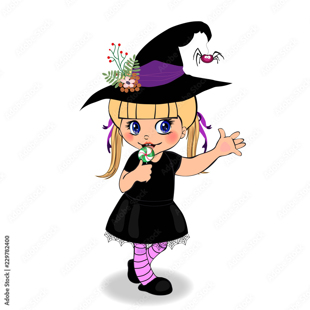 Halloween cartoon character of little baby girl in witch dress on white  background. Stock Vector | Adobe Stock