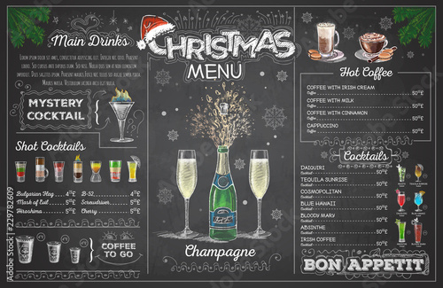 Vintage chalk drawing christmas menu design with champange. Restaurant menu