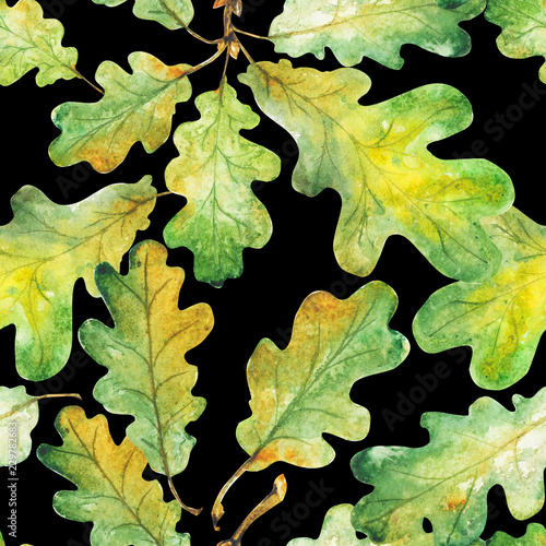 Bright green watercolor autumn oak leaves. pattern. Watercolor   © maya2016