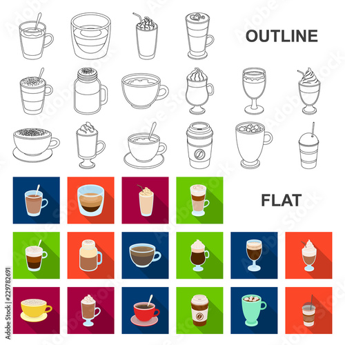 Different kinds of coffee flat icons in set collection for design. Coffee drink vector symbol stock web illustration.