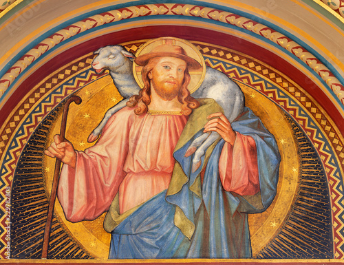 PRAGUE, CZECH REPUBLIC - OCTOBER 17, 2018: The fresco of Jesus the Good Shepherd in church kostel Svatého Cyrila Metodeje by brothers Carl and Franz Jobst (sc. half of 19. cent.).