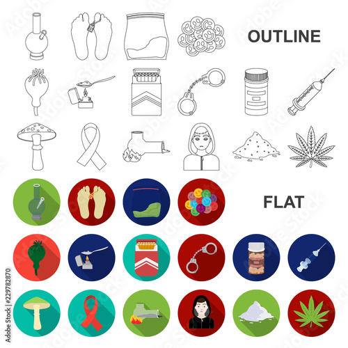Drug addiction and attributes flat icons in set collection for design. Addict and Drug vector symbol stock web illustration.