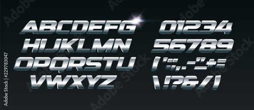 Set of steel letters. Font for dynamic compositions, like sports events and promotions or logos. Typography design, metal style,