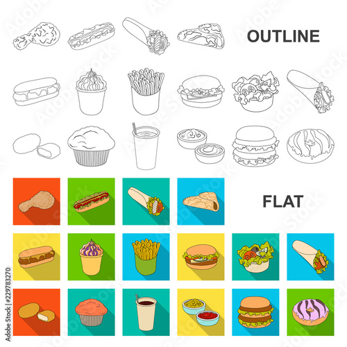 Fast food flat icons in set collection for design.Food from semi-finished products vector symbol stock web illustration.