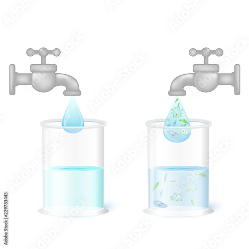 Two glasses and taps with clean drinking water and dirty water with germs