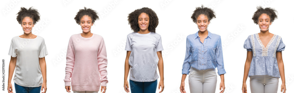 Collage of african american woman over isolated background with a happy and cool smile on face. Lucky person. Collage of african american woman over isolated background with a happy and cool smile on face. Lucky person.