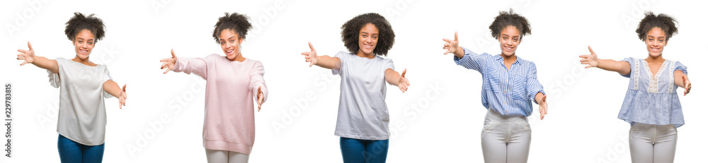 Collage of african american woman over isolated background looking at the camera smiling with open arms for hug. Cheerful expression embracing happiness. Collage of african american woman over isolated background looking at the camera smiling with open arms for hug. Cheerful expression embracing happiness.