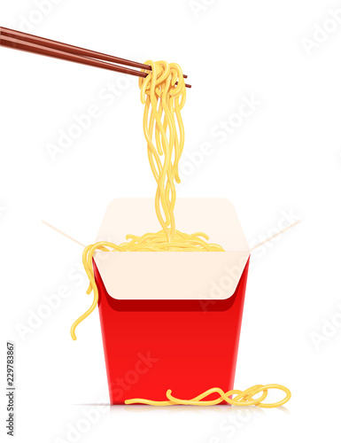Chinese noodles at chopsticks. Fast-food meal box. Noodle