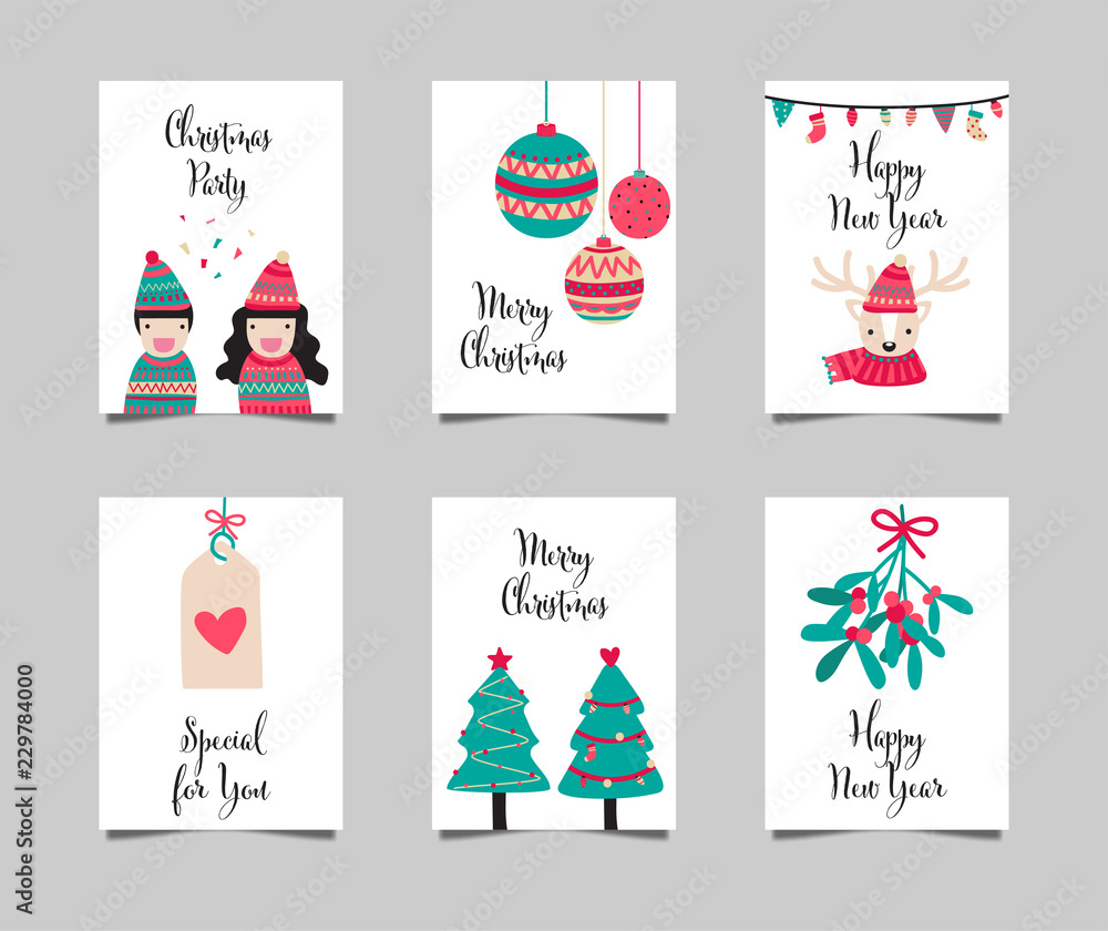 Merry Christmas and Happy new year card collection in cute cartoon  character doodle drawing on white background. Vector and illustration Stock  Vector | Adobe Stock