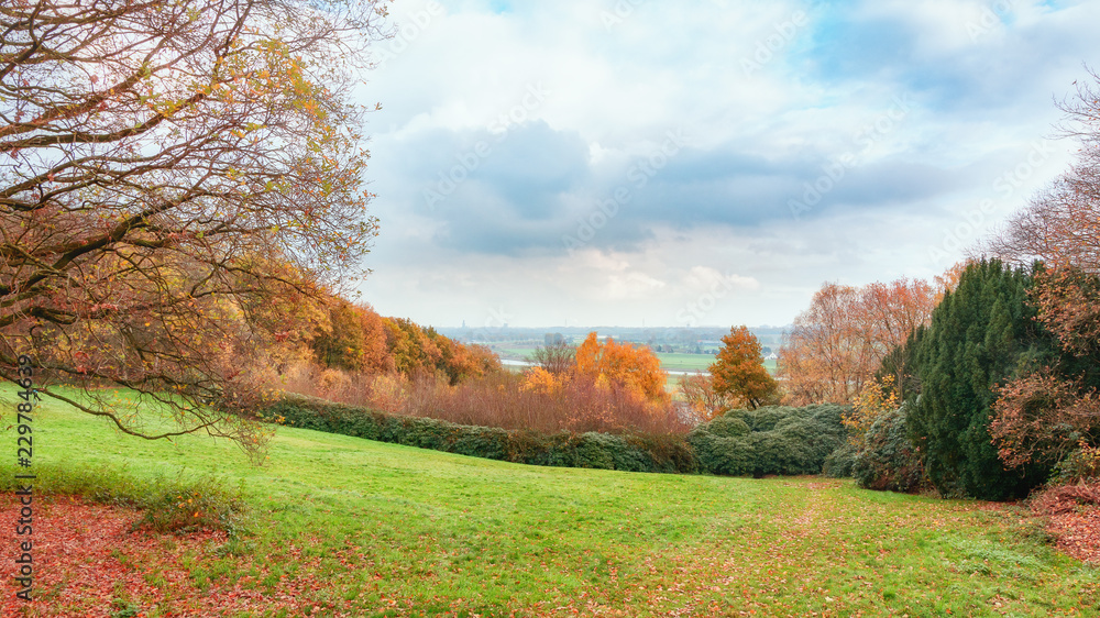 Panoramic view over the river Nederrijn and its flood plains with the city of Arnhem in the background