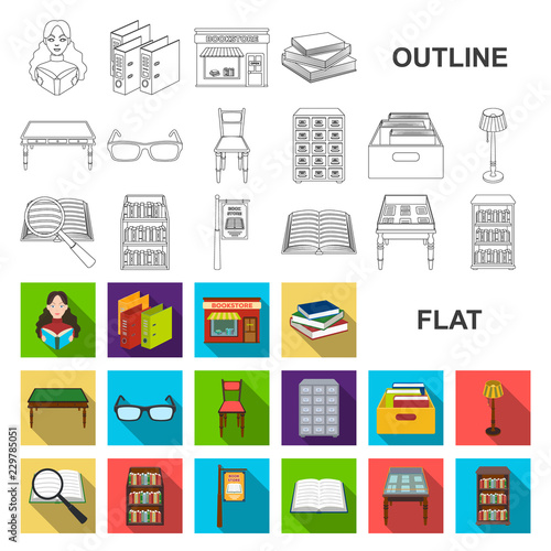 Library and bookstore flat icons in set collection for design. Books and furnishings vector symbol stock web illustration.