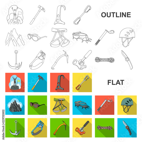 Mountaineering and climbing flat icons in set collection for design. Equipment and accessories vector symbol stock web illustration.