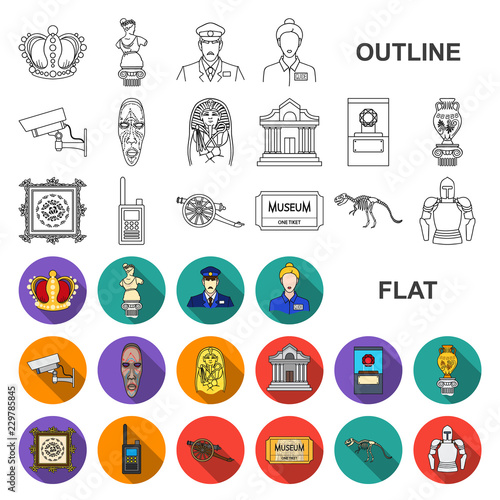 Museum and gallery flat icons in set collection for design. Storage and exhibition of showpiece vector symbol stock web illustration.