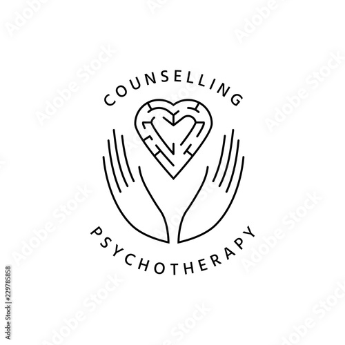 Logotype in a circle - linear symbols - hands hold  the heart with a labyrinth - a symbol of support, mutual help, protect and care.
