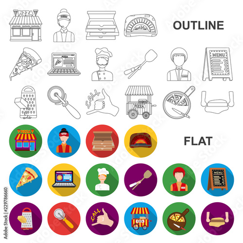 Pizza and pizzeria flat icons in set collection for design. Staff and equipment vector symbol stock web illustration.