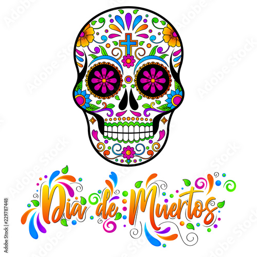 Dia de muertos, Mexican Sugar skulls, Day of the dead Halloween vector illustration on white background