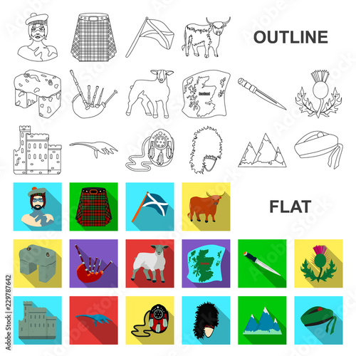 Country Scotland flat icons in set collection for design. Sightseeing, culture and tradition vector symbol stock web illustration.