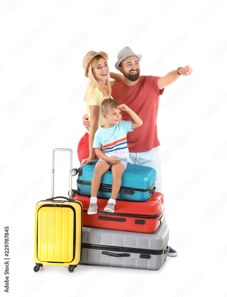 Family with suitcases on white background. Vacation travel Family with suitcases on white background. Vacation travel