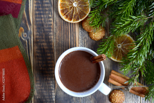 Hot chocolate or cocoa with cinnamon stick in a cup and fir branches. Winter hot drink for cold weather. New year and Christmas concept Top view © Maria Volkova