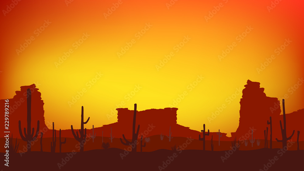 Sunset with Saguaro Cactus. Desert. Vector background in 16:9 aspect ratio.