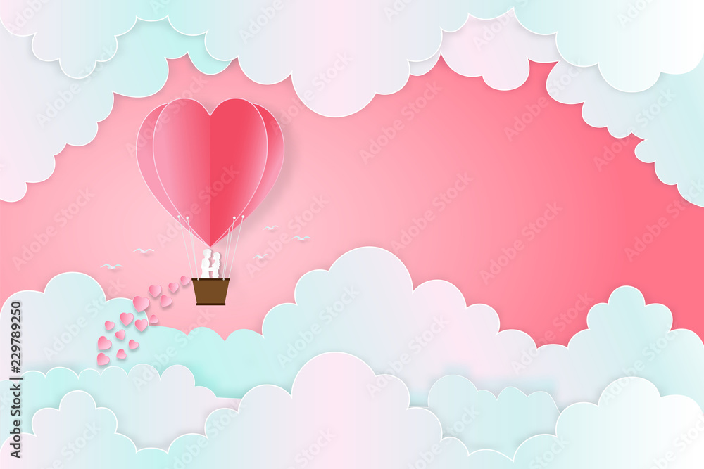  The lover in hot air balloons on the pastel sky background as love , wedding, valentine, design paper art and craft style concept. vector illustration