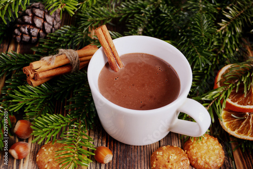 Hot chocolate or cocoa with cinnamon stick in a cup and fir branches. Winter hot drink for cold weather. New year and Christmas concept