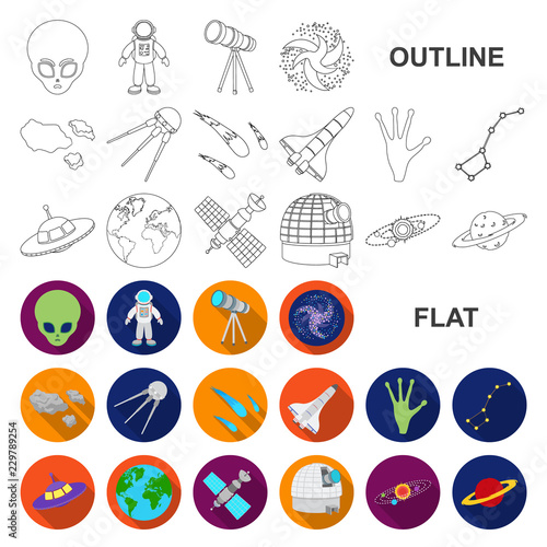 Space technology flat icons in set collection for design.Spacecraft and equipment vector symbol stock web illustration.