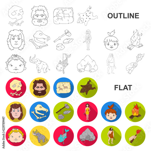 Life in the Stone Age flat icons in set collection for design. Ancient people vector symbol stock web illustration.