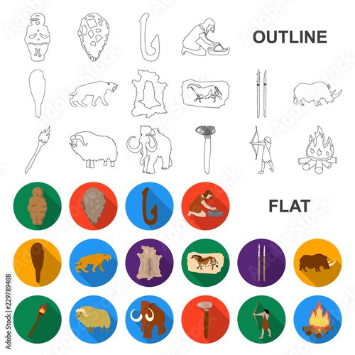 Life in the Stone Age flat icons in set collection for design. Ancient people vector symbol stock web illustration.