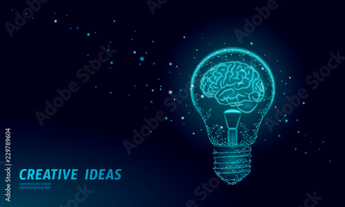 Human brain IQ smart business concept. E-learning nootropic drug supplement braingpower. Brainstorm creative idea project work low poly polygonal vector illustration
