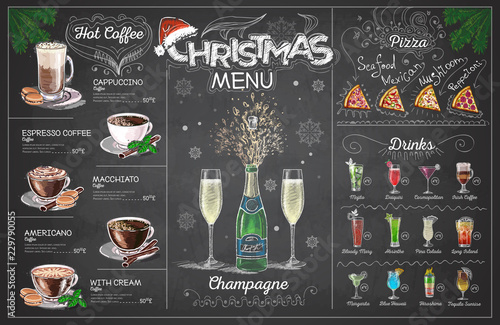 Vintage chalk drawing christmas menu design with champange. Restaurant menu