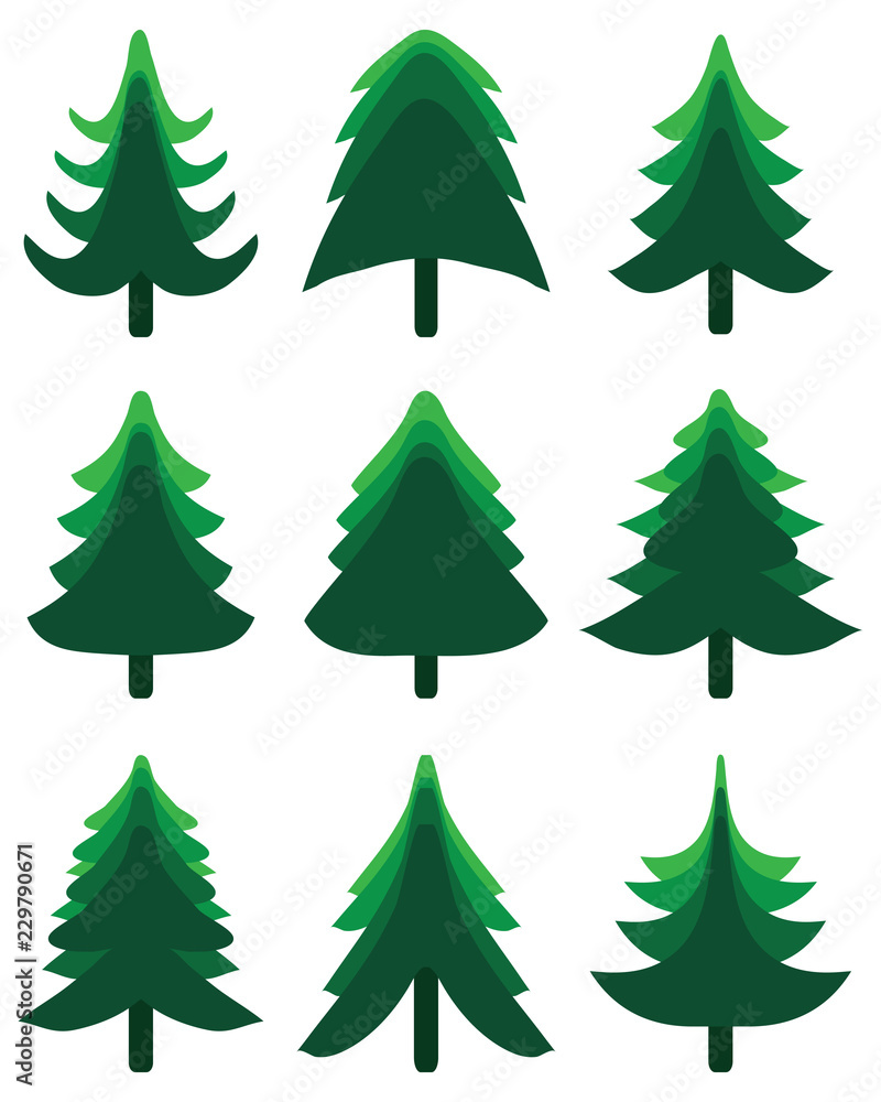 Green Christmas trees on a white background