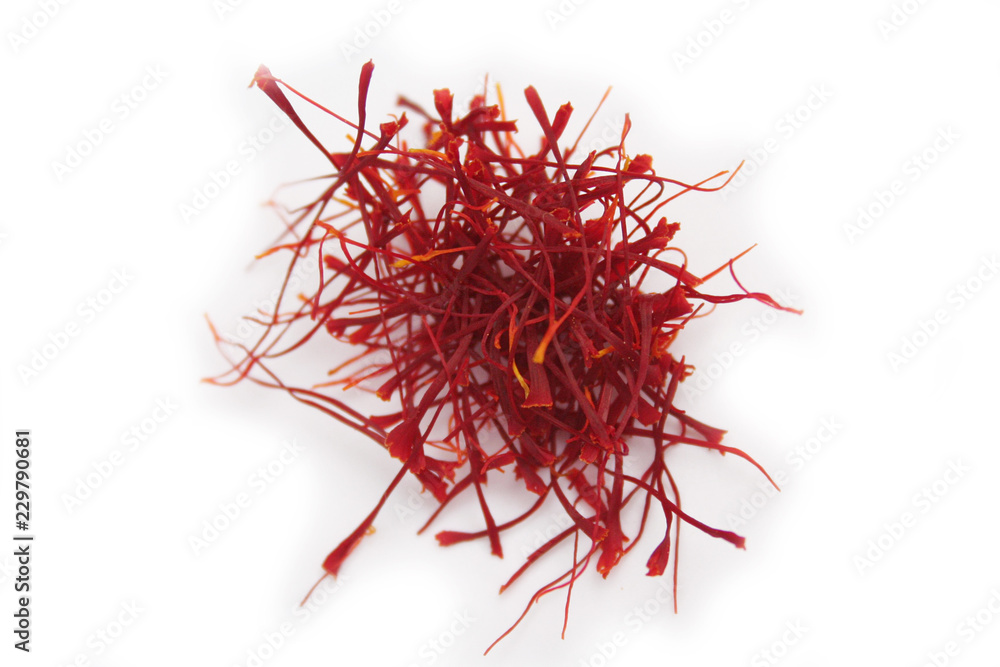 Naklejka premium Top view of dried Saffron isolated on white background