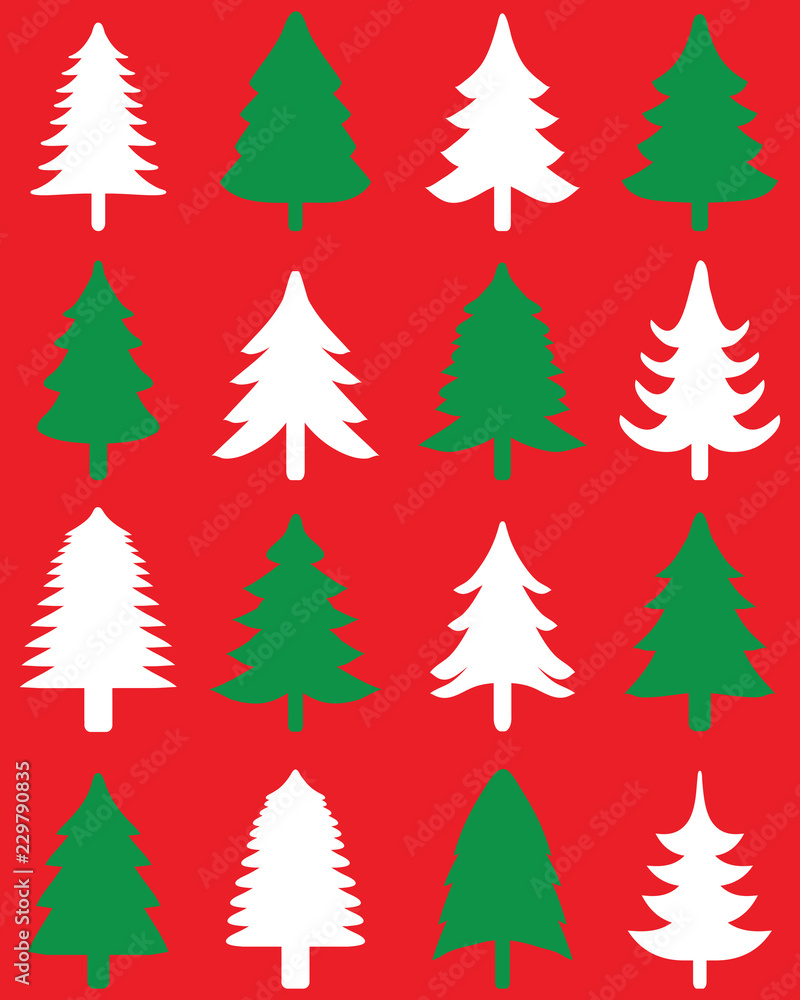 Green and white Christmas trees on a red  background, seamless pattern 