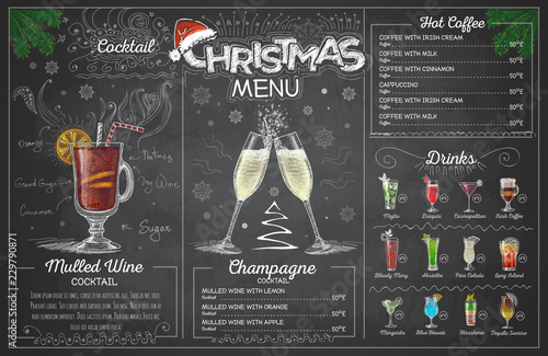 Vintage chalk drawing christmas menu design with champange. Restaurant menu