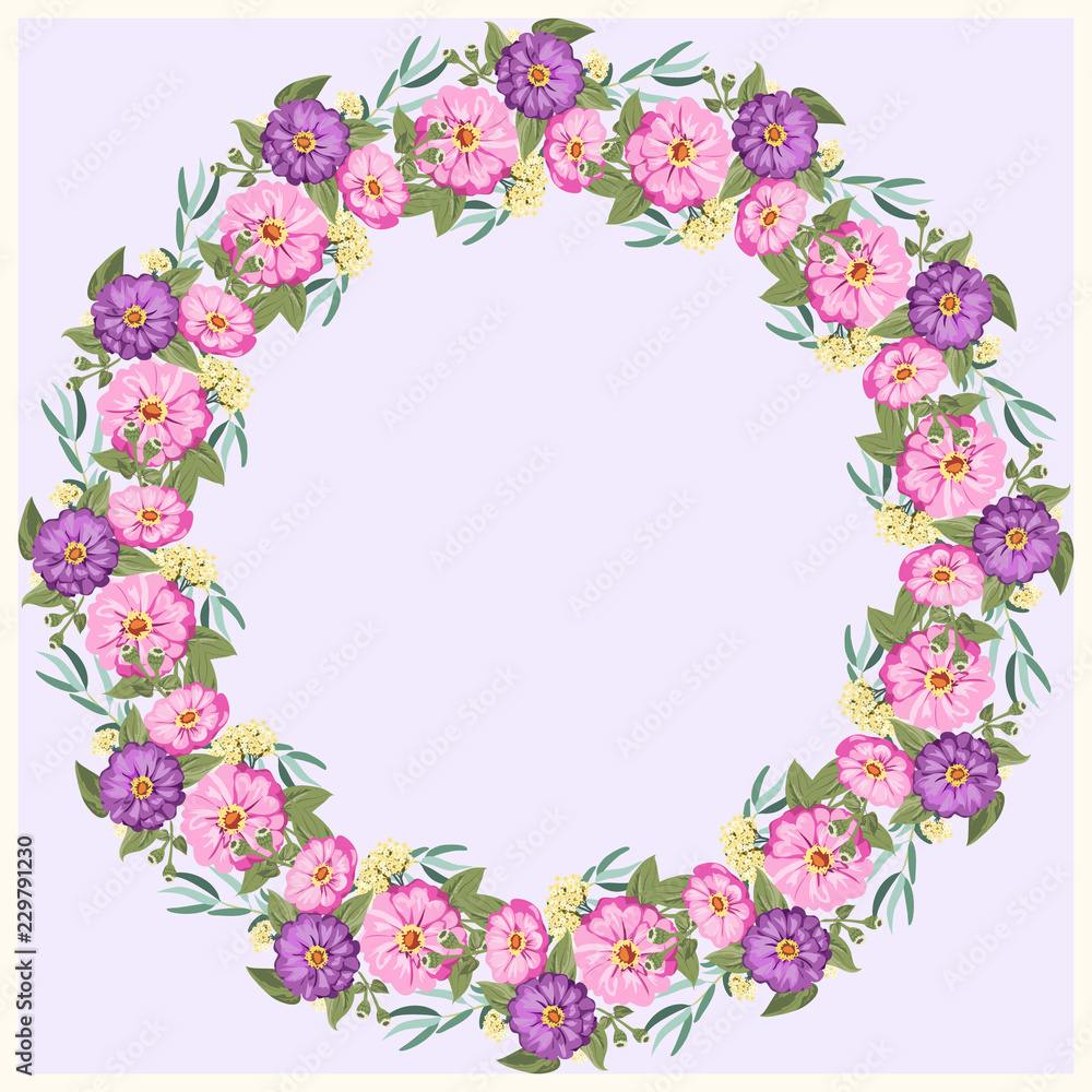 Floral round frame from cute zinnia flowers, silver eucalyptus branch, willow. Greeting card template. Design artwork for the poster, tee shirt, pillow, home decor. Summer flowers with green leaves.