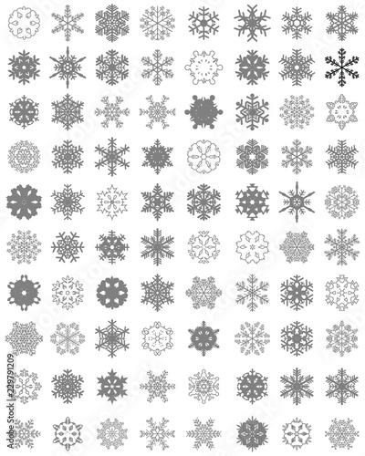 Set of different gray snowflakes on a white background