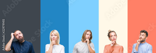 Collage of casual young people over colorful stripes isolated background with hand on chin thinking about question, pensive expression. Smiling with thoughtful face. Doubt concept. photo