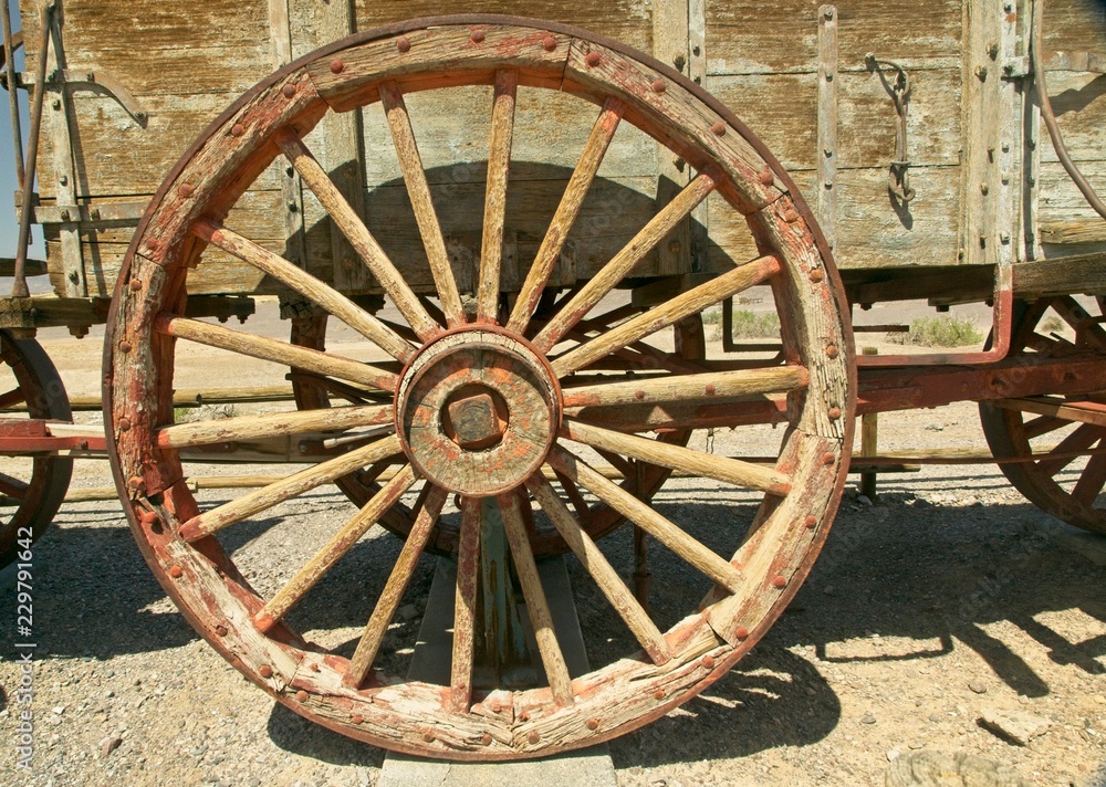Western wagon wheel used on 20 mule team wagons to haul Borax in Death Valley, CA. Western wagon wheel used on 20 mule team wagons to haul Borax in Death Valley, CA.