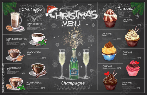 Vintage chalk drawing christmas menu design with champange. Restaurant menu